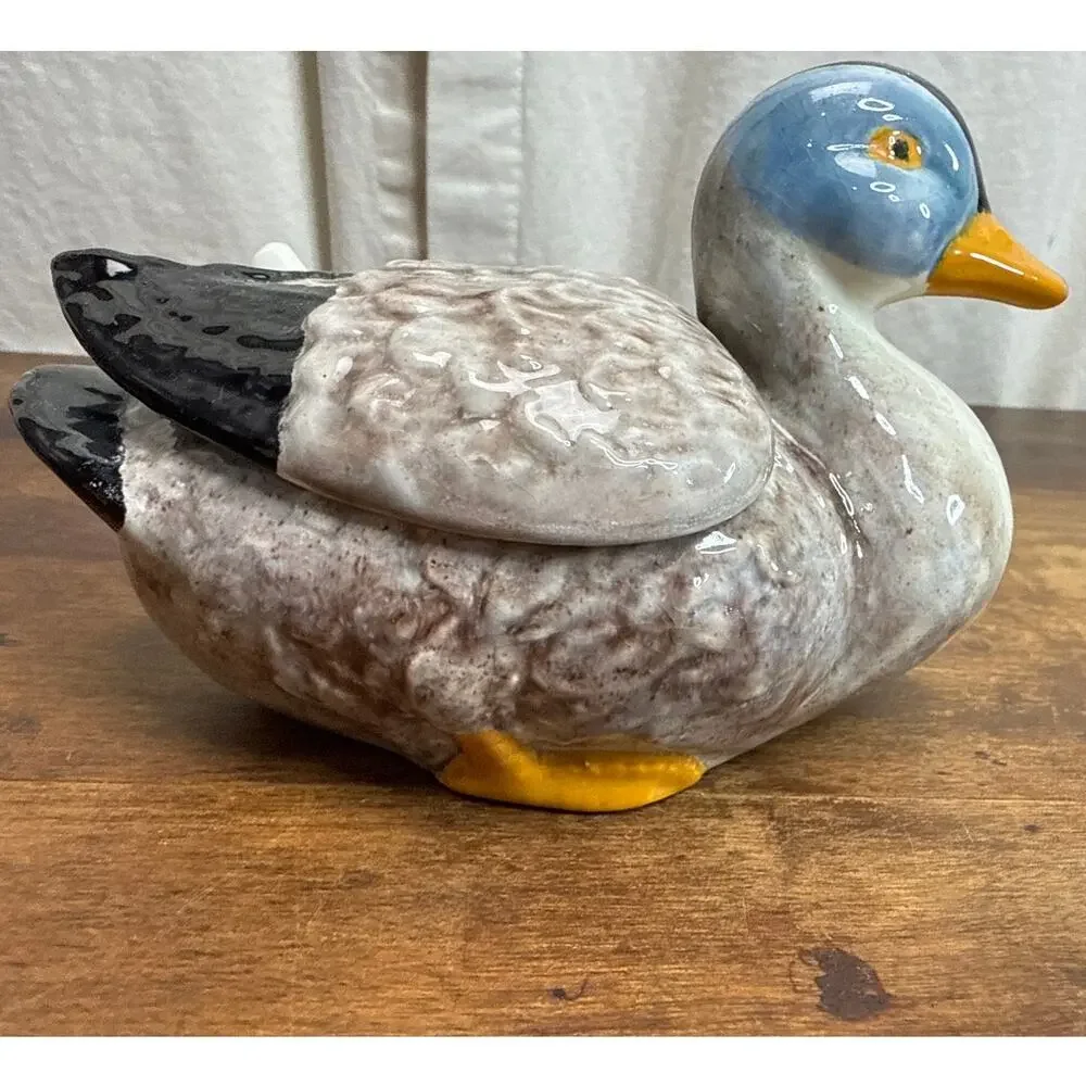 Bordallo Pinheiro Portugal Lidded Duck Majolica Pottery Tureen Condiment Server